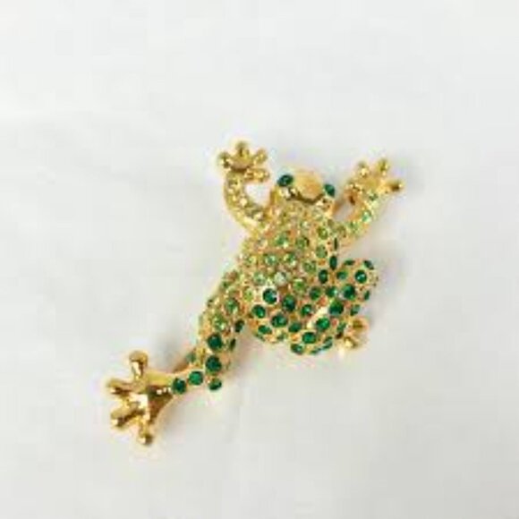 Monet Green Frog Rhinstone Brooch - Picture 1 of 14